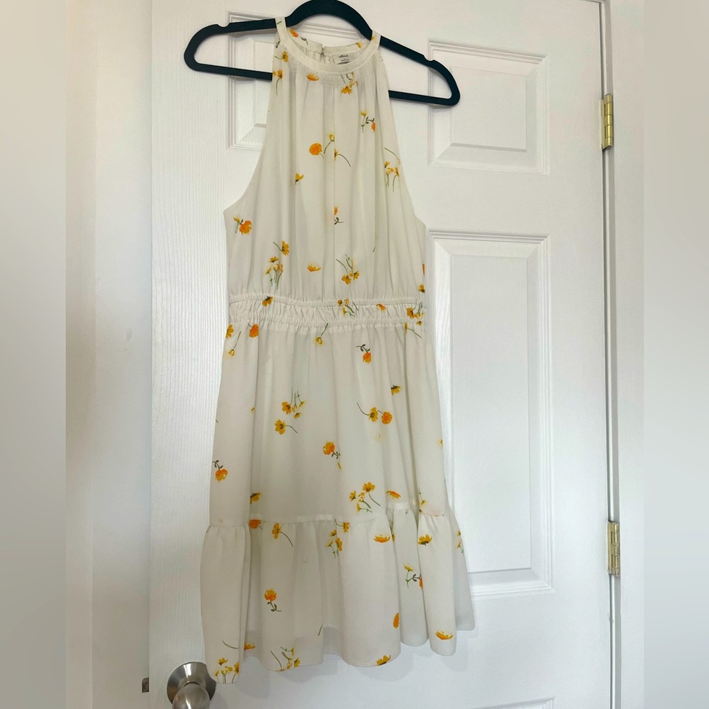 Aritzia flowy halter top white chiffon dress with yellow flowers — worn twice